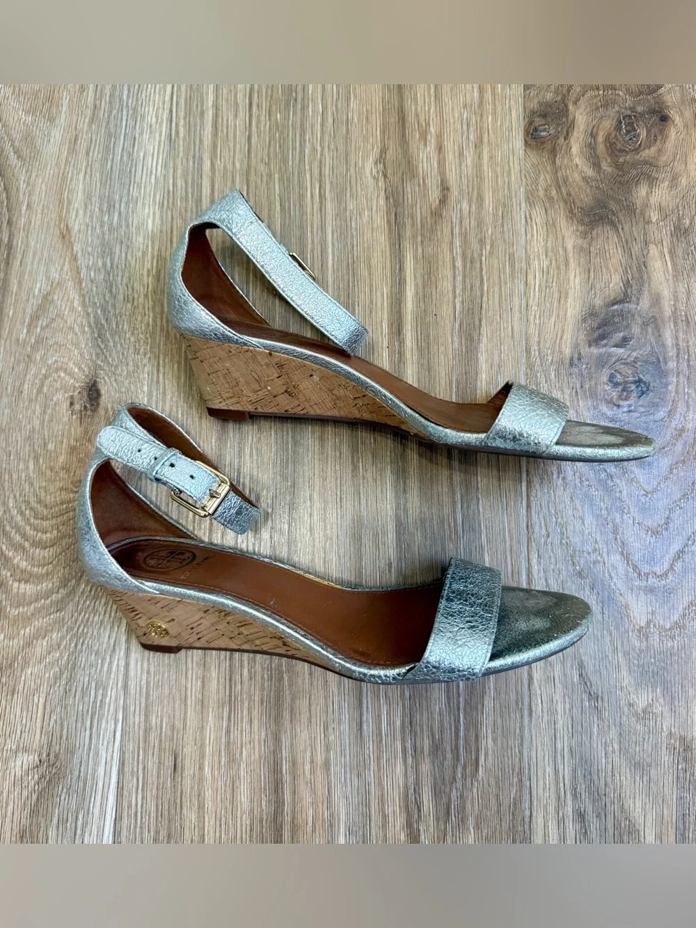 Tory Burch Metallic Leather Cork Wedge Ankle Strap Sandals Size 7M